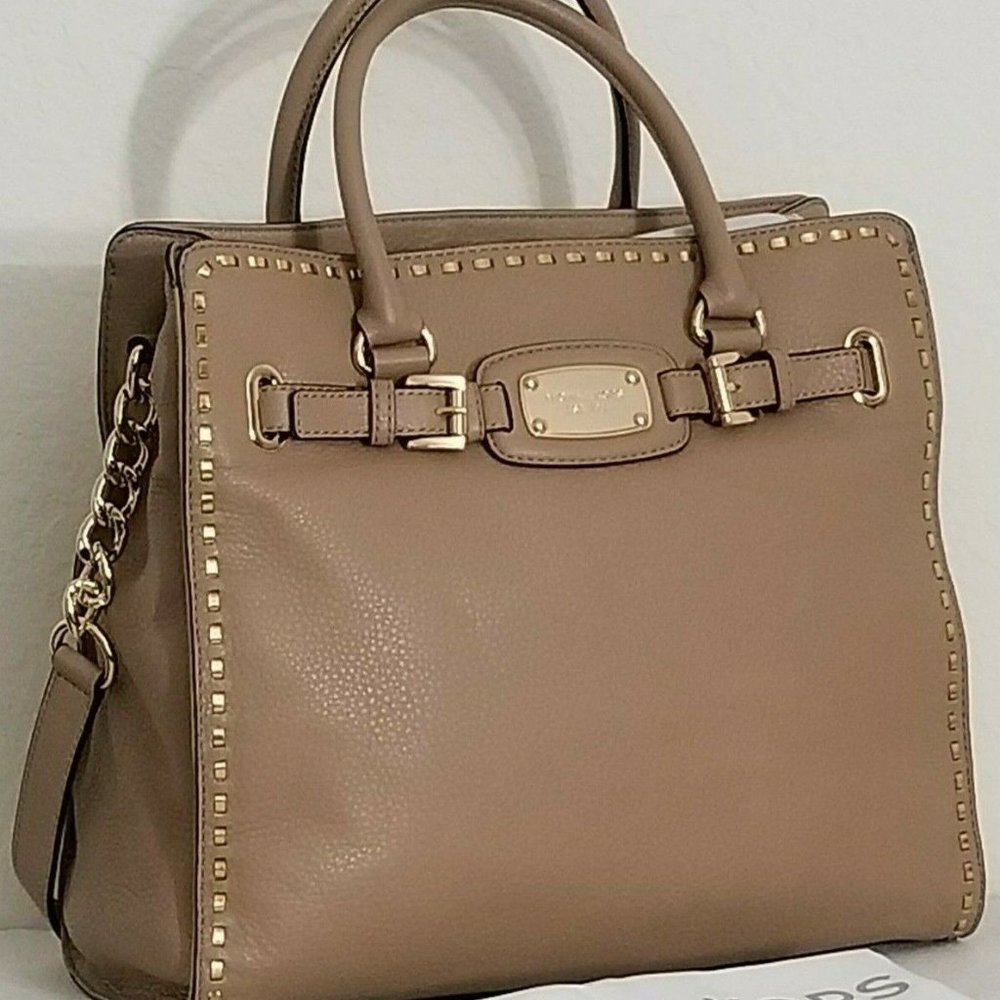 MICHAEL KORS HAMILTON NS LARGE TAN DARK KHAKI WHIPPED STITCH NS TOTE BAG NWT!